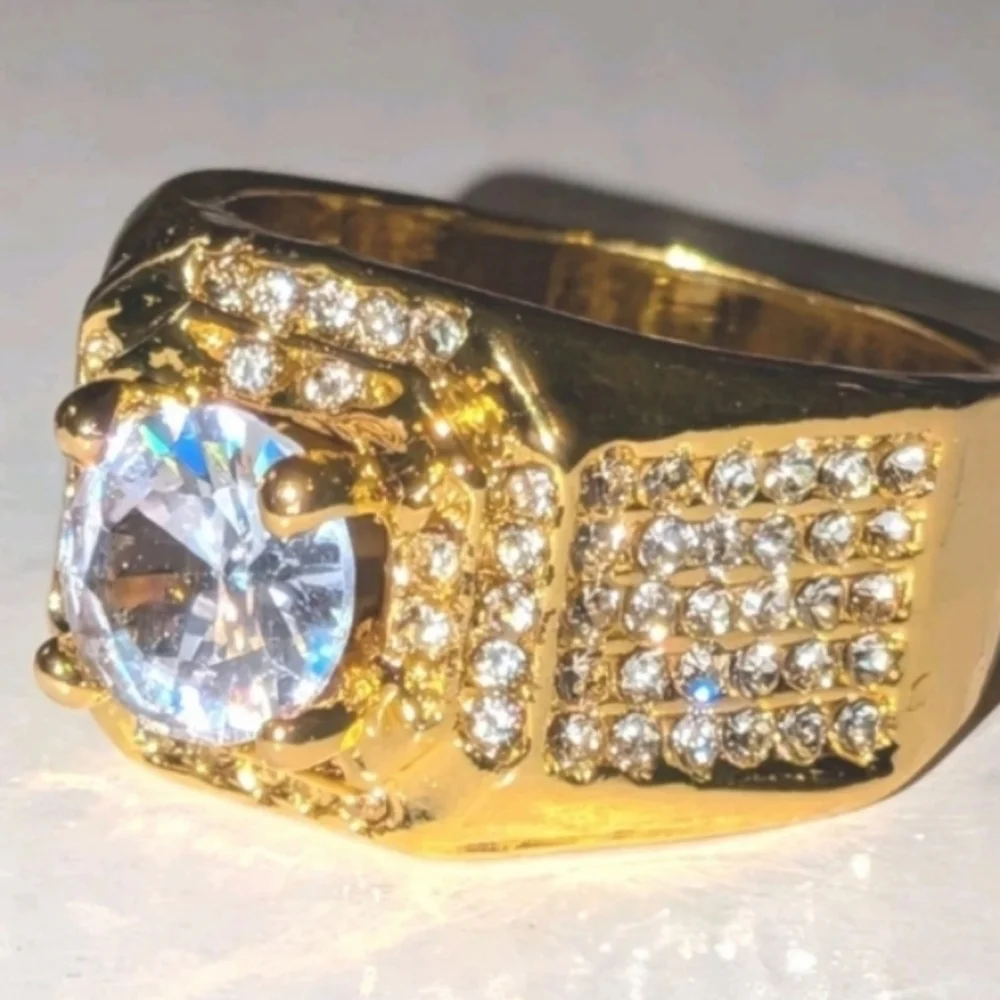 Mens 3ct Round Cut Moissanite Prong Engagement ring 14k Yellow gold Plated